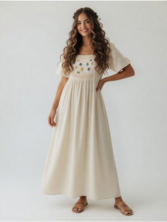 Dresses & Skirts - Vintage Cream Color Embroidered Bodice Short Sleeve Cottagecore Maxi Dress